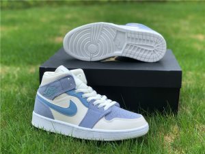 New Air Jordan 1 Mid Light Blue Grey Aqua Leathers Suede Nylon